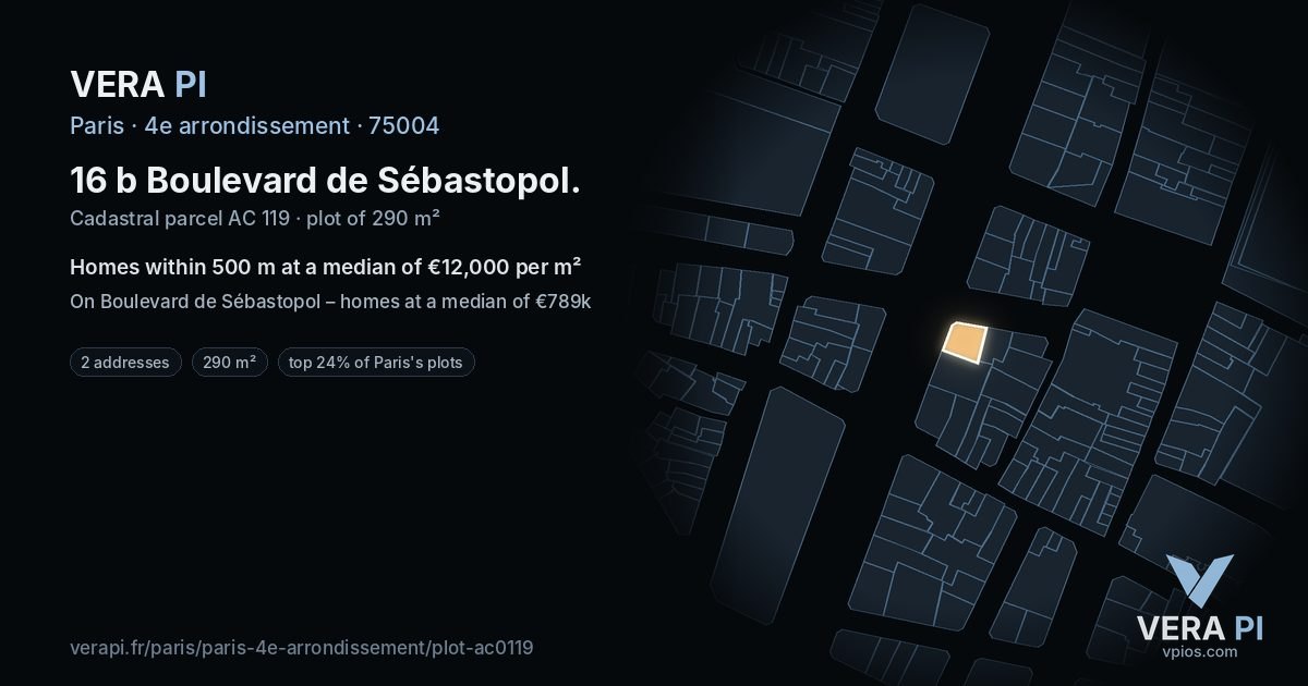 16 b Boulevard de Sébastopol, 4e arrondissement at night – the plot lit, the parcels around coloured by the prices near them