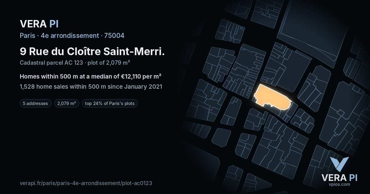 9 Rue du Cloître Saint-Merri, 4e arrondissement at night – the plot lit, the parcels around coloured by the prices near them
