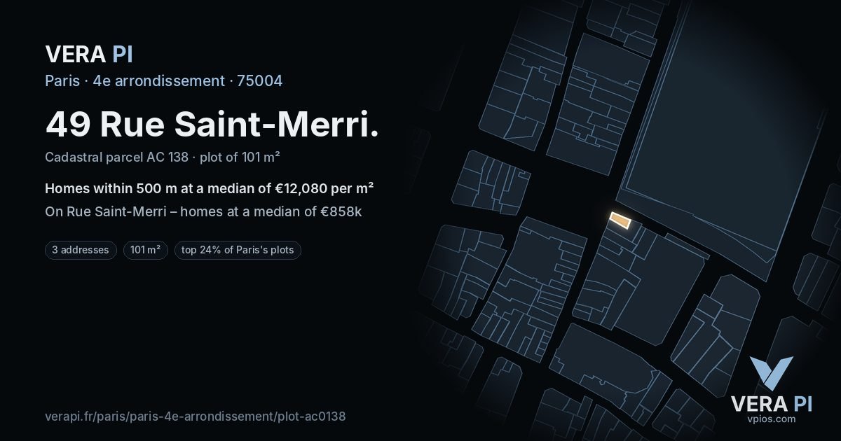 49 Rue Saint-Merri, 4e arrondissement at night – the plot lit, the parcels around coloured by the prices near them