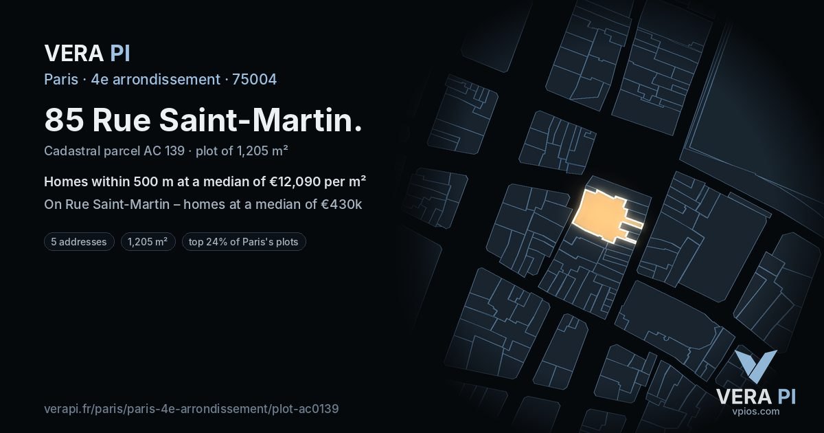85 Rue Saint-Martin, 4e arrondissement at night – the plot lit, the parcels around coloured by the prices near them