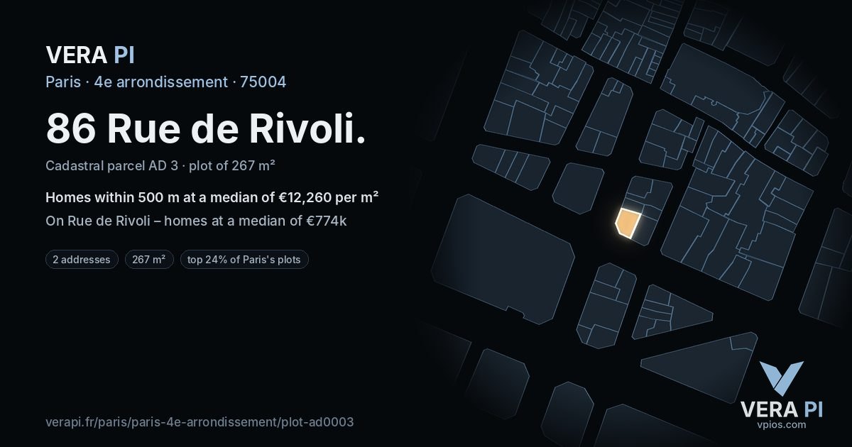 86 Rue de Rivoli, 4e arrondissement at night – the plot lit, the parcels around coloured by the prices near them