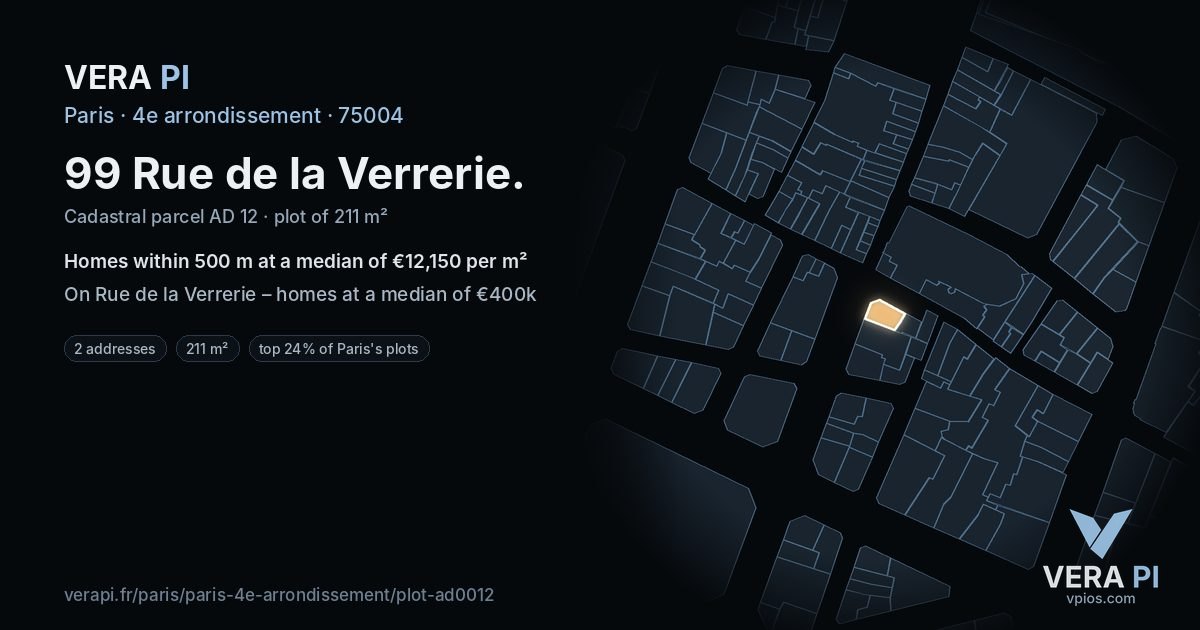 99 Rue de la Verrerie, 4e arrondissement at night – the plot lit, the parcels around coloured by the prices near them