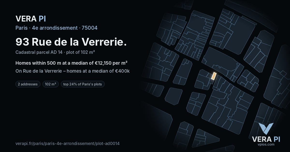 93 Rue de la Verrerie, 4e arrondissement at night – the plot lit, the parcels around coloured by the prices near them