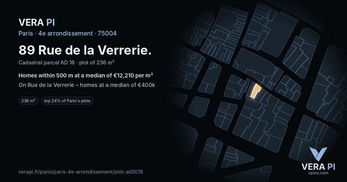 89 Rue de la Verrerie, 4e arrondissement at night – the plot lit, the parcels around coloured by the prices near them