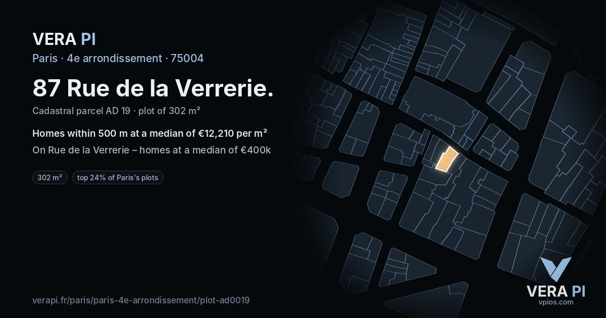 87 Rue de la Verrerie, 4e arrondissement at night – the plot lit, the parcels around coloured by the prices near them
