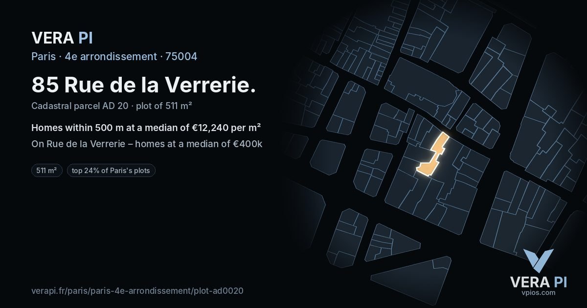 85 Rue de la Verrerie, 4e arrondissement at night – the plot lit, the parcels around coloured by the prices near them