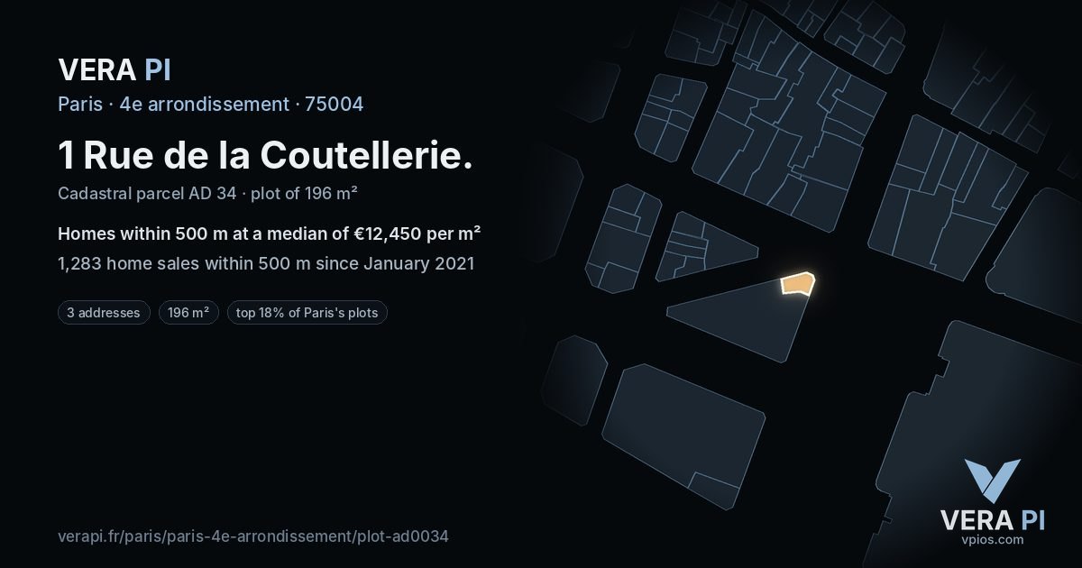 1 Rue de la Coutellerie, 4e arrondissement at night – the plot lit, the parcels around coloured by the prices near them