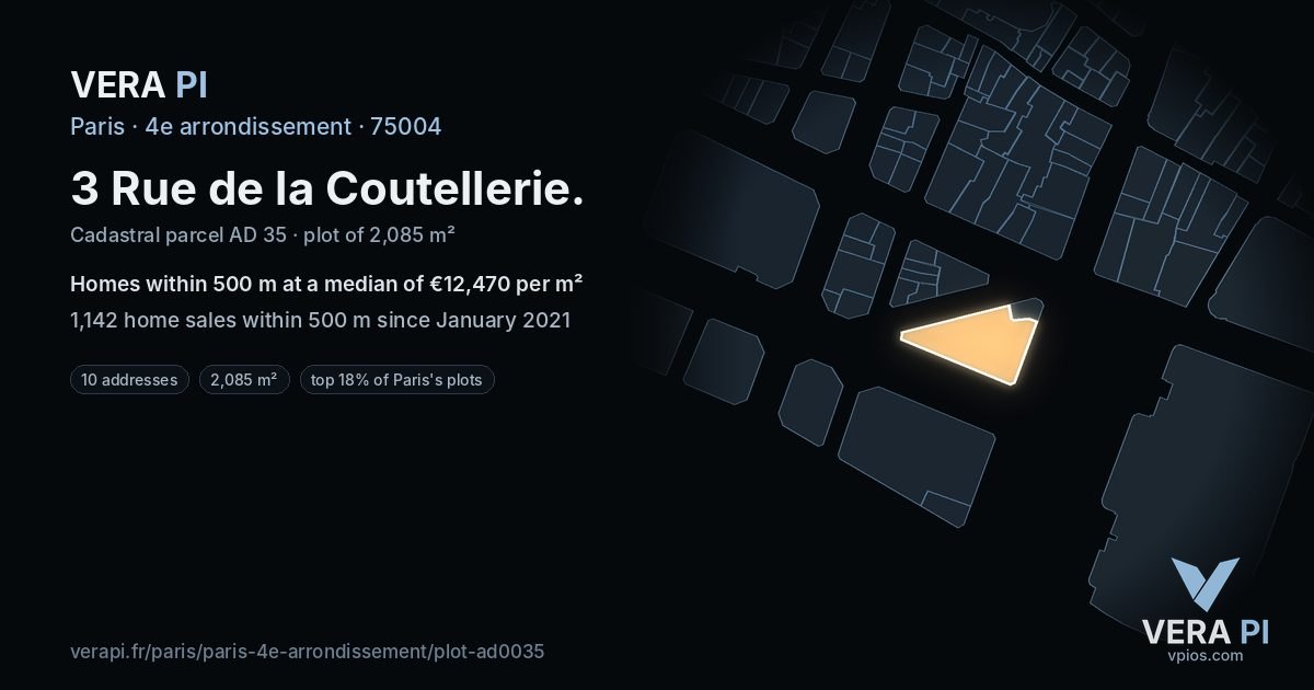 3 Rue de la Coutellerie, 4e arrondissement at night – the plot lit, the parcels around coloured by the prices near them