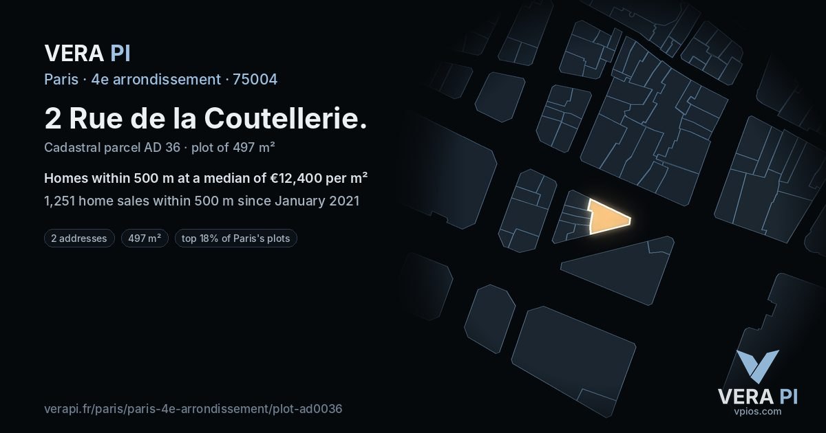 2 Rue de la Coutellerie, 4e arrondissement at night – the plot lit, the parcels around coloured by the prices near them