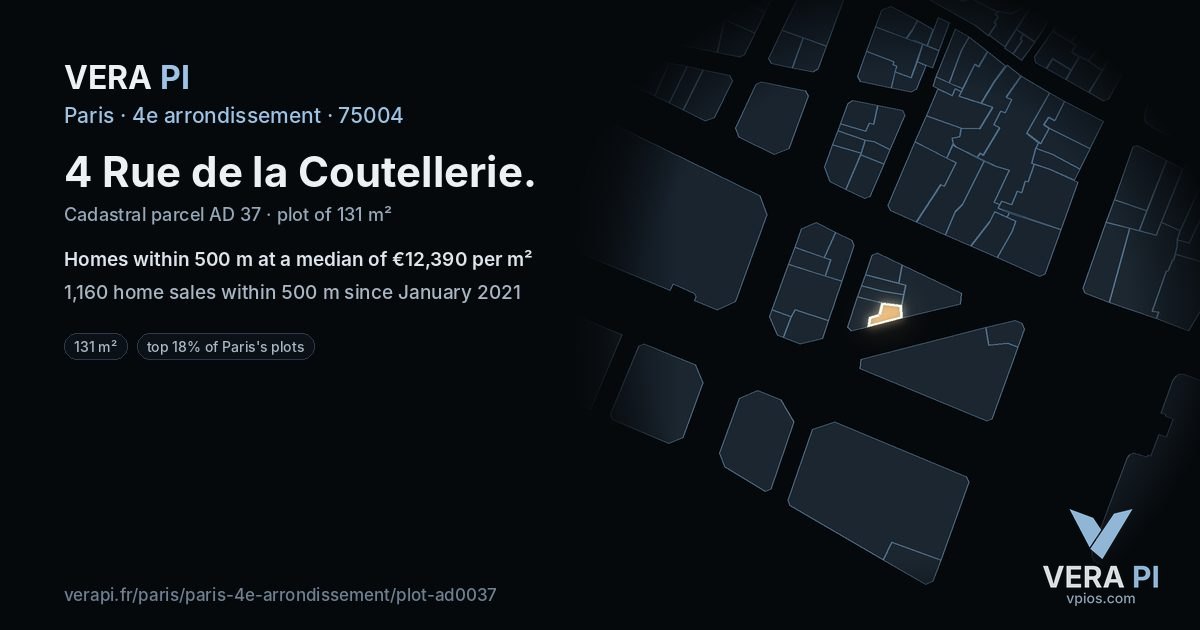 4 Rue de la Coutellerie, 4e arrondissement at night – the plot lit, the parcels around coloured by the prices near them