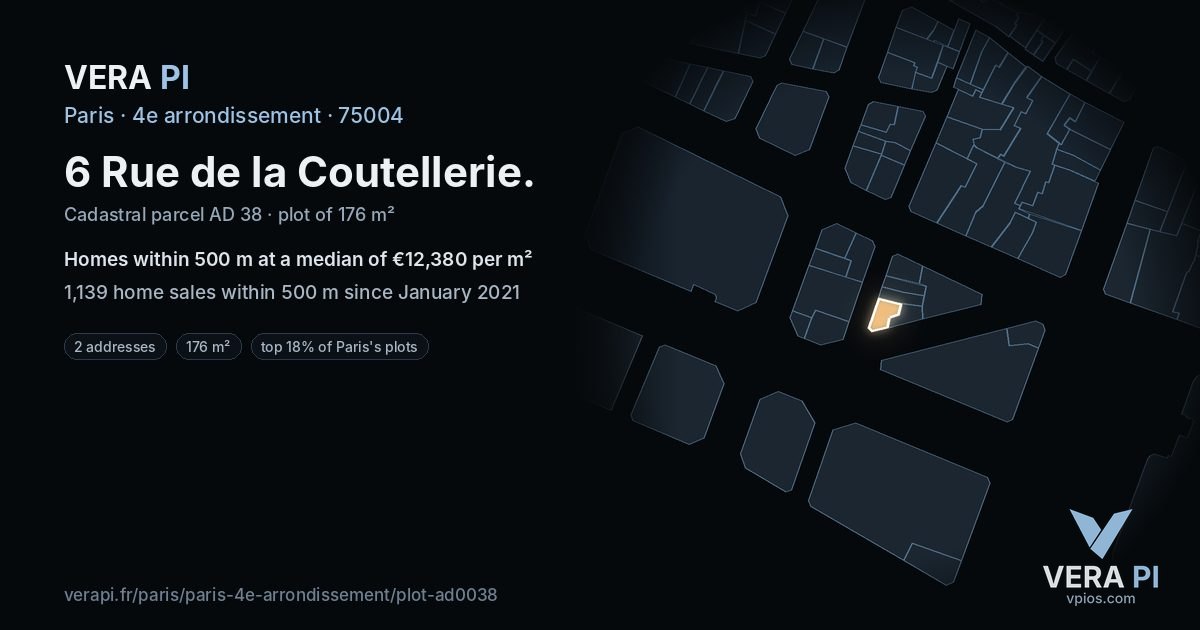 6 Rue de la Coutellerie, 4e arrondissement at night – the plot lit, the parcels around coloured by the prices near them