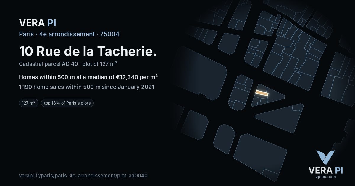 10 Rue de la Tacherie, 4e arrondissement at night – the plot lit, the parcels around coloured by the prices near them