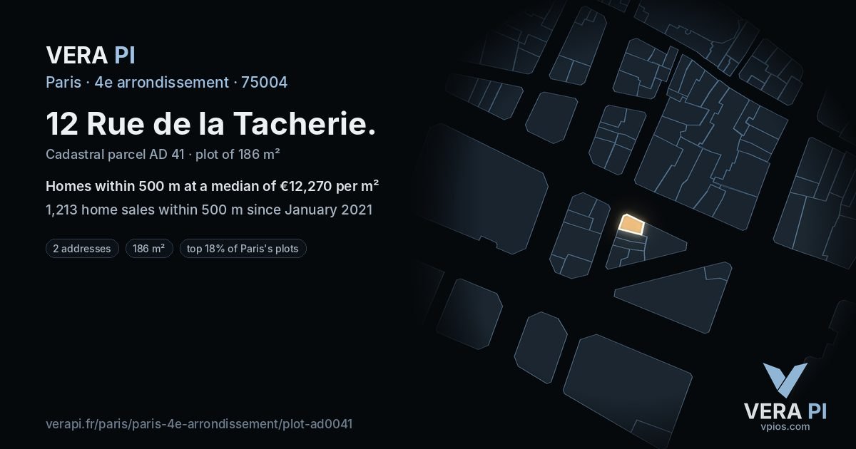 12 Rue de la Tacherie, 4e arrondissement at night – the plot lit, the parcels around coloured by the prices near them