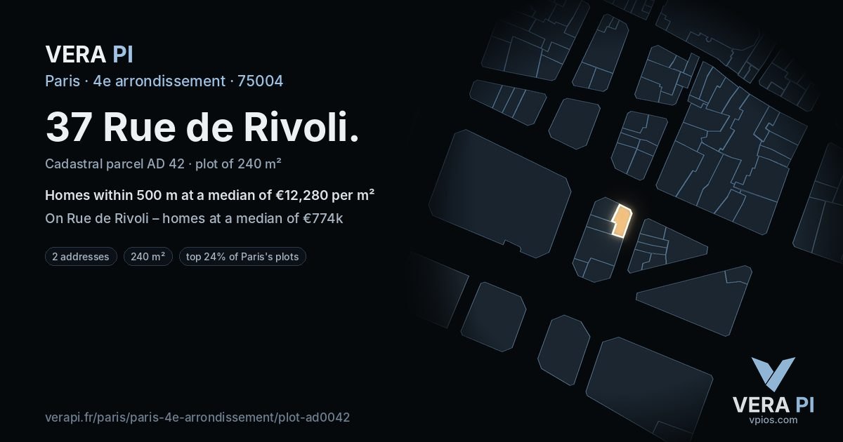 37 Rue de Rivoli, 4e arrondissement at night – the plot lit, the parcels around coloured by the prices near them