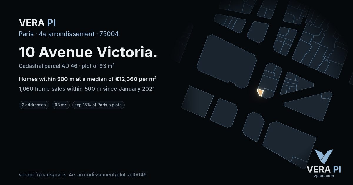 10 Avenue Victoria, 4e arrondissement at night – the plot lit, the parcels around coloured by the prices near them