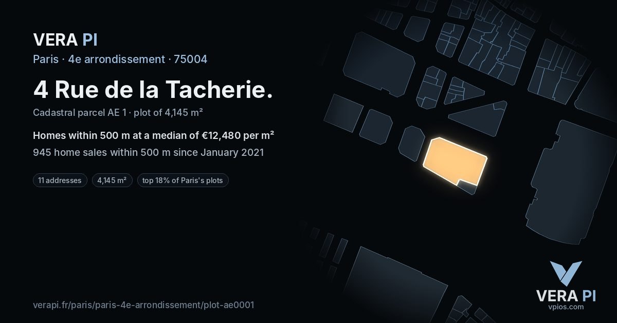 4 Rue de la Tacherie, 4e arrondissement at night – the plot lit, the parcels around coloured by the prices near them