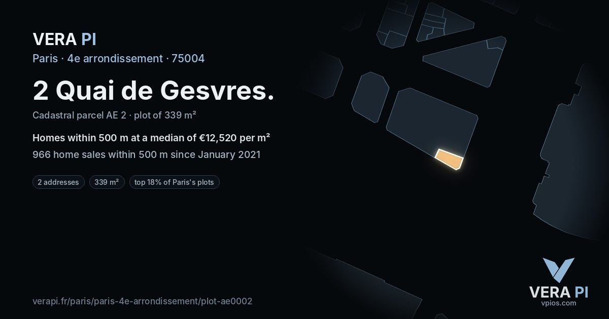 2 Quai de Gesvres, 4e arrondissement at night – the plot lit, the parcels around coloured by the prices near them