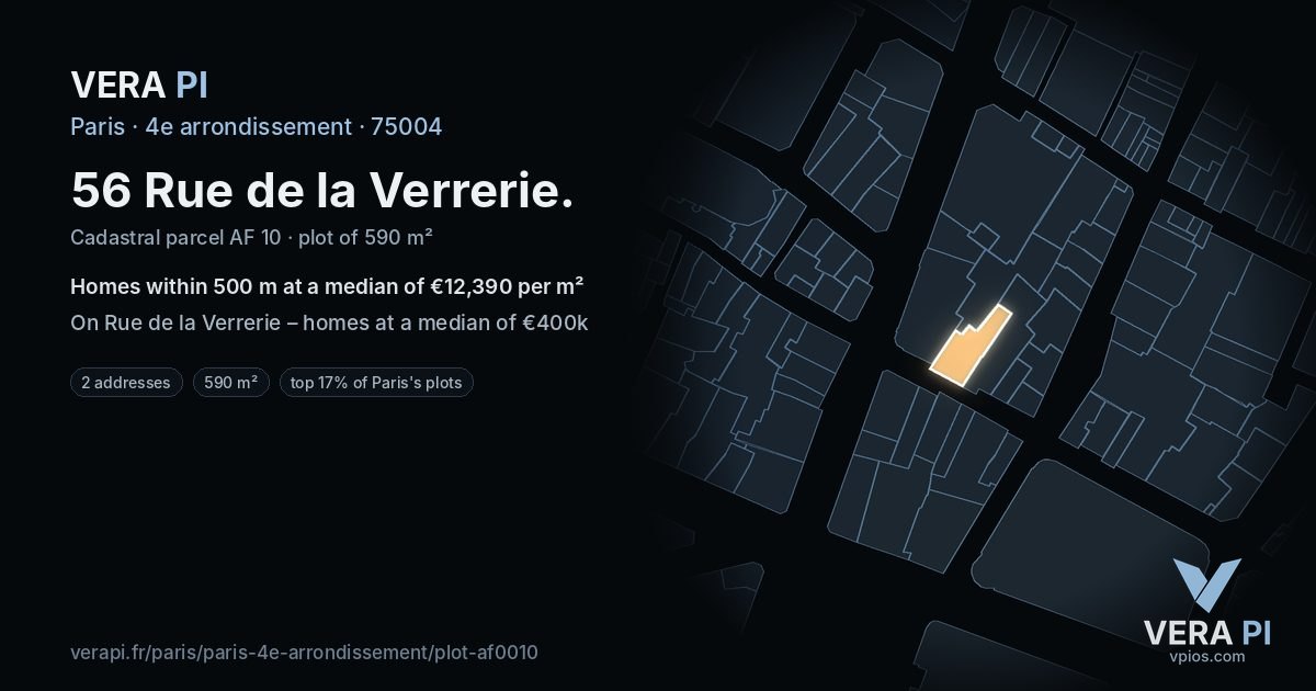 56 Rue de la Verrerie, 4e arrondissement at night – the plot lit, the parcels around coloured by the prices near them