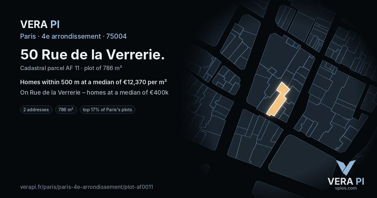 50 Rue de la Verrerie, 4e arrondissement at night – the plot lit, the parcels around coloured by the prices near them