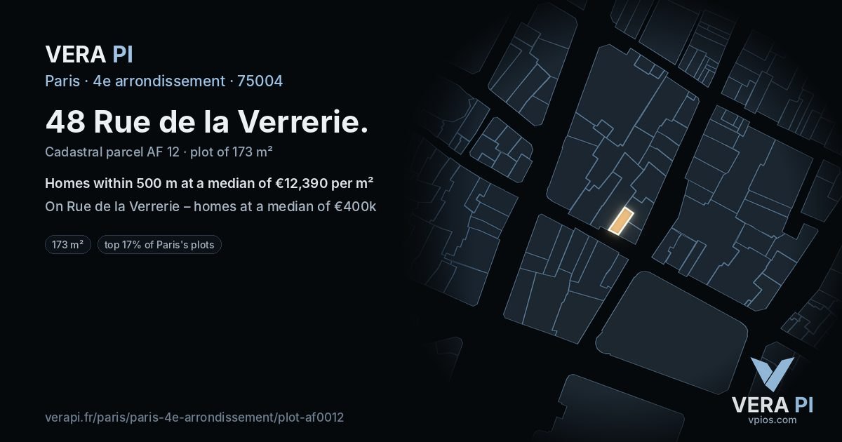 48 Rue de la Verrerie, 4e arrondissement at night – the plot lit, the parcels around coloured by the prices near them