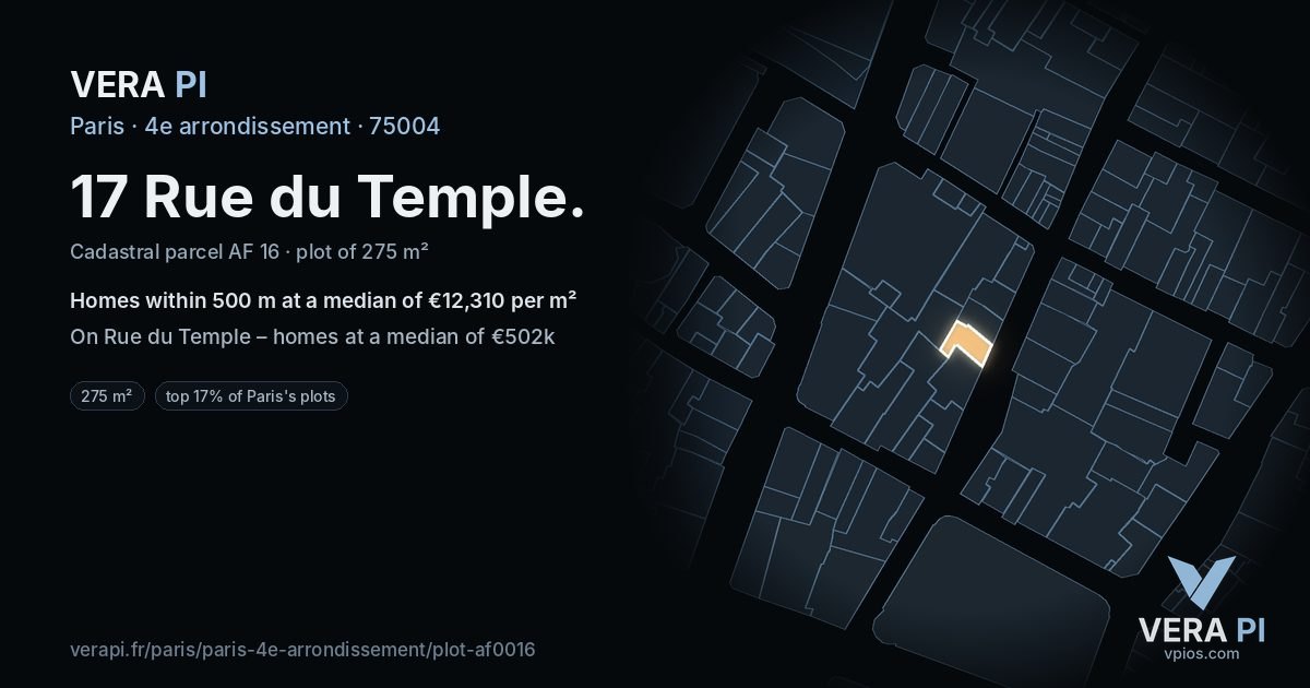 17 Rue du Temple, 4e arrondissement at night – the plot lit, the parcels around coloured by the prices near them