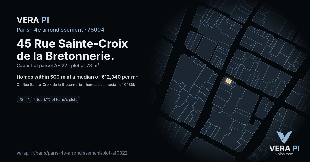 45 Rue Sainte-Croix de la Bretonnerie, 4e arrondissement at night – the plot lit, the parcels around coloured by the prices near them