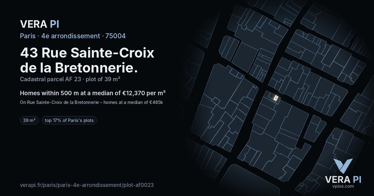 43 Rue Sainte-Croix de la Bretonnerie, 4e arrondissement at night – the plot lit, the parcels around coloured by the prices near them