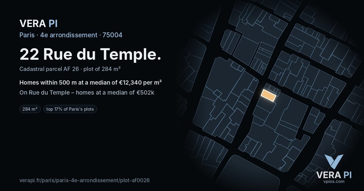 22 Rue du Temple, 4e arrondissement at night – the plot lit, the parcels around coloured by the prices near them