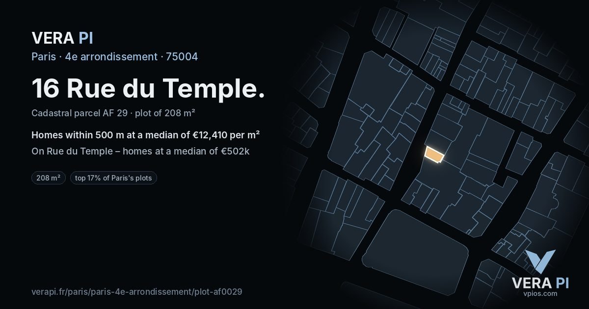 16 Rue du Temple, 4e arrondissement at night – the plot lit, the parcels around coloured by the prices near them