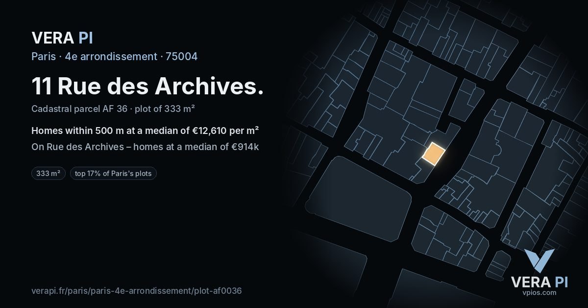 11 Rue des Archives, 4e arrondissement at night – the plot lit, the parcels around coloured by the prices near them
