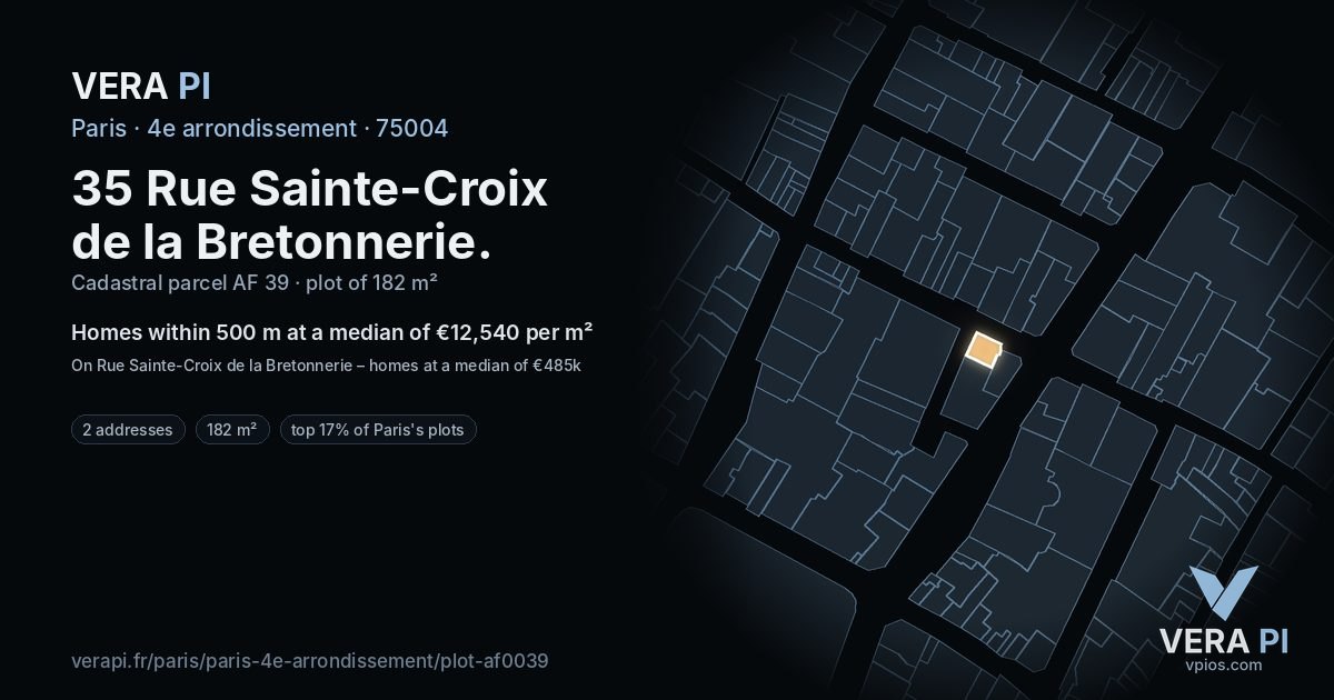 35 Rue Sainte-Croix de la Bretonnerie, 4e arrondissement at night – the plot lit, the parcels around coloured by the prices near them