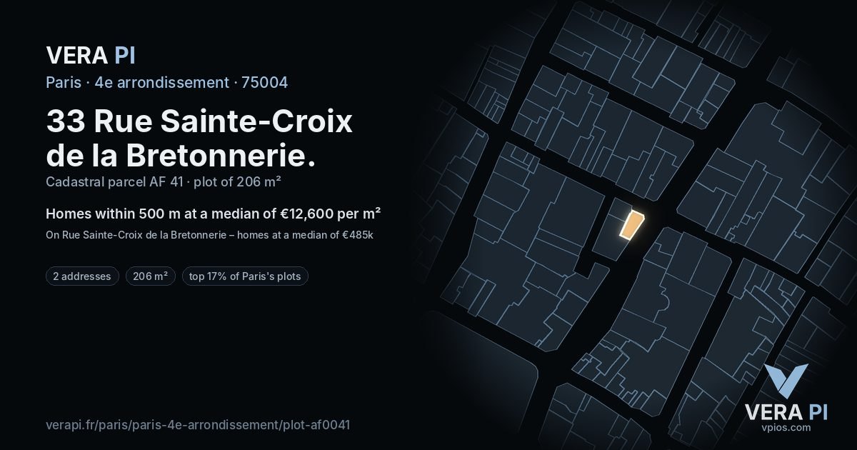 33 Rue Sainte-Croix de la Bretonnerie, 4e arrondissement at night – the plot lit, the parcels around coloured by the prices near them