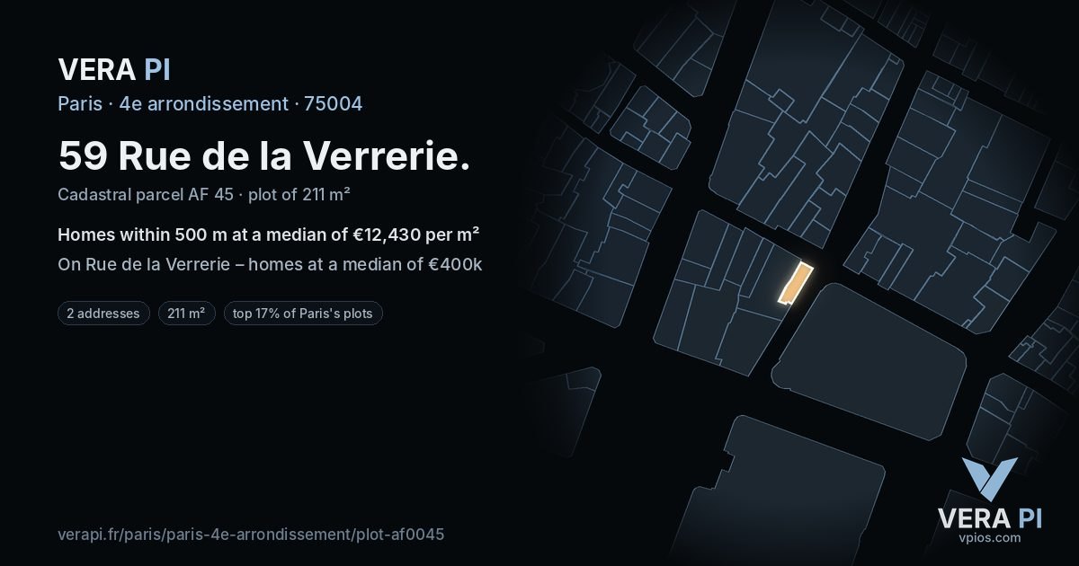 59 Rue de la Verrerie, 4e arrondissement at night – the plot lit, the parcels around coloured by the prices near them