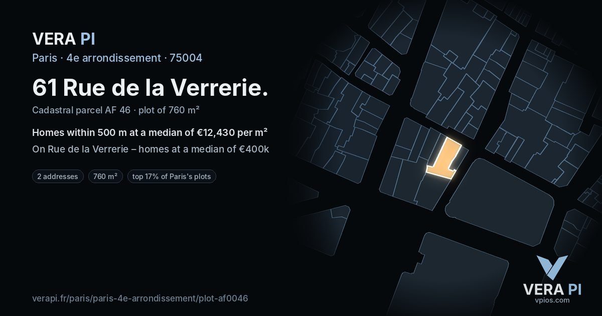 61 Rue de la Verrerie, 4e arrondissement at night – the plot lit, the parcels around coloured by the prices near them