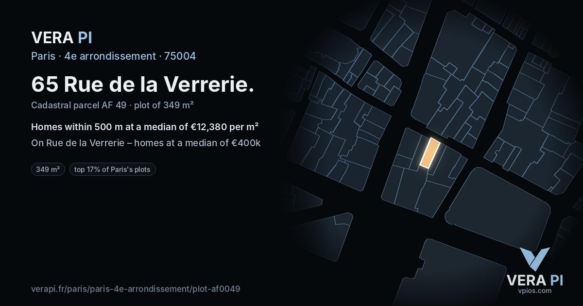 65 Rue de la Verrerie, 4e arrondissement at night – the plot lit, the parcels around coloured by the prices near them