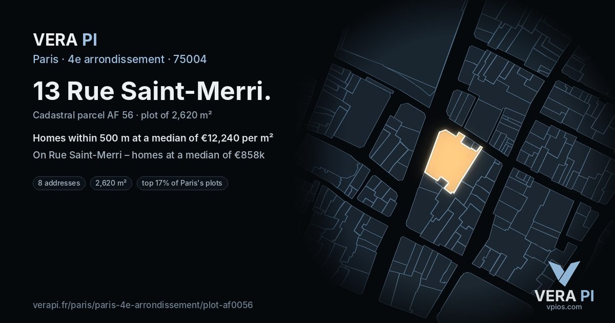 13 Rue Saint-Merri, 4e arrondissement at night – the plot lit, the parcels around coloured by the prices near them