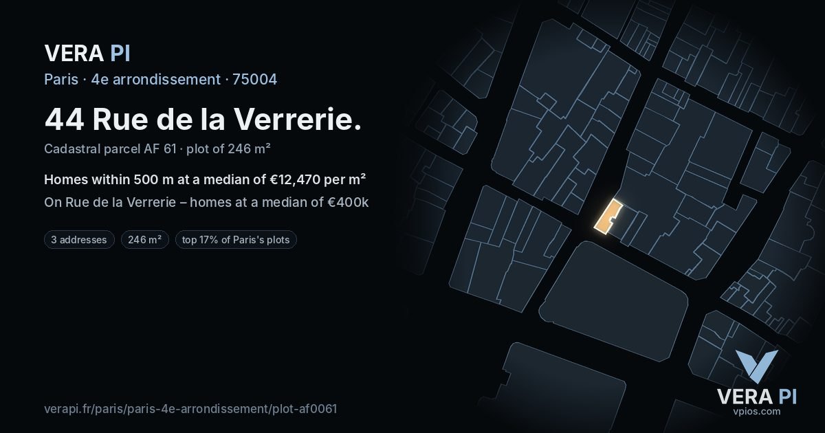44 Rue de la Verrerie, 4e arrondissement at night – the plot lit, the parcels around coloured by the prices near them