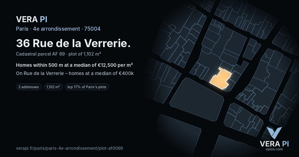 36 Rue de la Verrerie, 4e arrondissement at night – the plot lit, the parcels around coloured by the prices near them