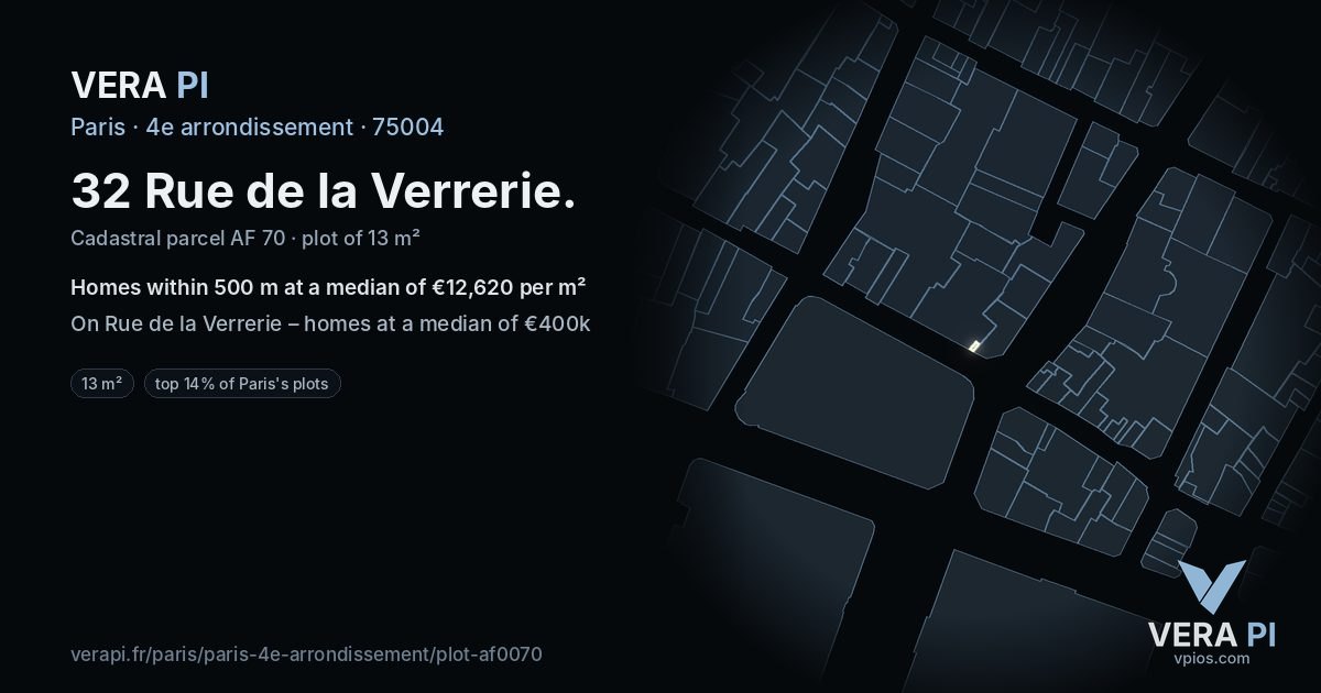 32 Rue de la Verrerie, 4e arrondissement at night – the plot lit, the parcels around coloured by the prices near them