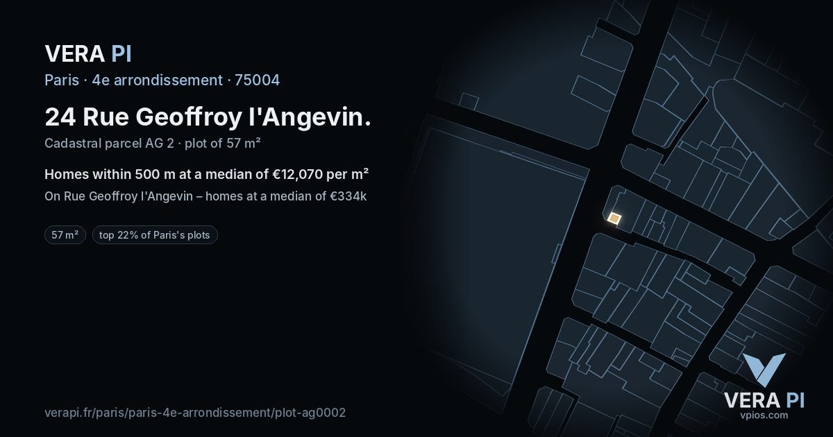 24 Rue Geoffroy l'Angevin, 4e arrondissement at night – the plot lit, the parcels around coloured by the prices near them