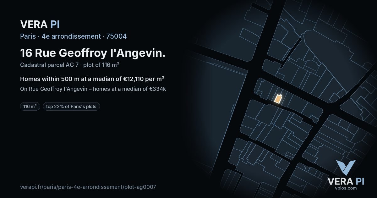 16 Rue Geoffroy l'Angevin, 4e arrondissement at night – the plot lit, the parcels around coloured by the prices near them