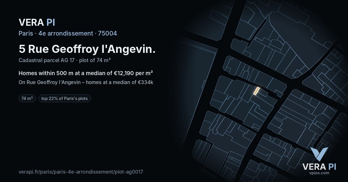 5 Rue Geoffroy l'Angevin, 4e arrondissement at night – the plot lit, the parcels around coloured by the prices near them