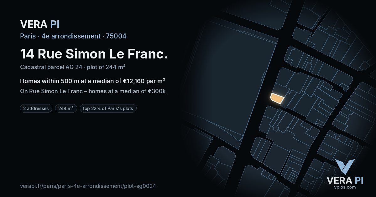 14 Rue Simon Le Franc, 4e arrondissement at night – the plot lit, the parcels around coloured by the prices near them