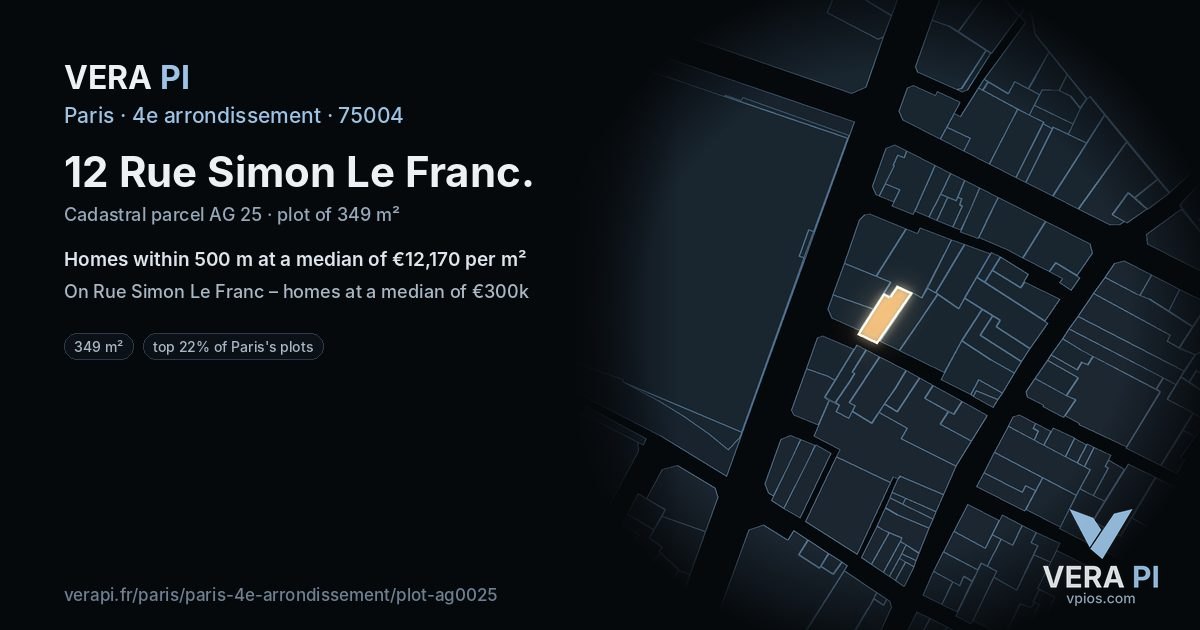 12 Rue Simon Le Franc, 4e arrondissement at night – the plot lit, the parcels around coloured by the prices near them