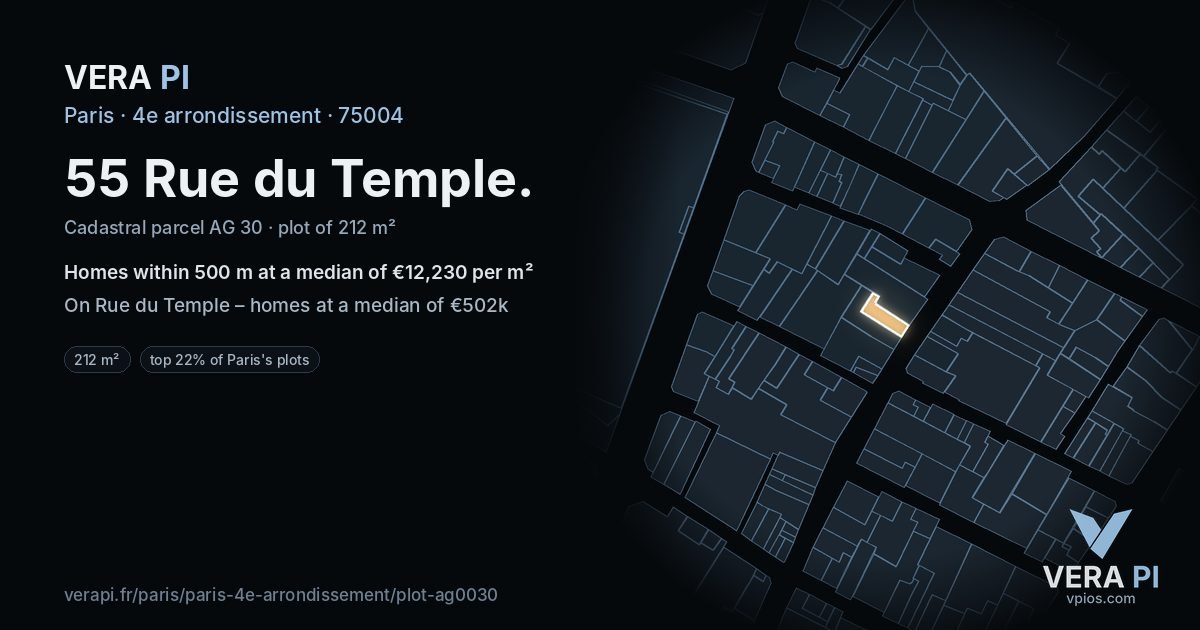 55 Rue du Temple, 4e arrondissement at night – the plot lit, the parcels around coloured by the prices near them