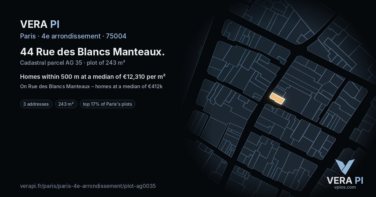 44 Rue des Blancs Manteaux, 4e arrondissement at night – the plot lit, the parcels around coloured by the prices near them
