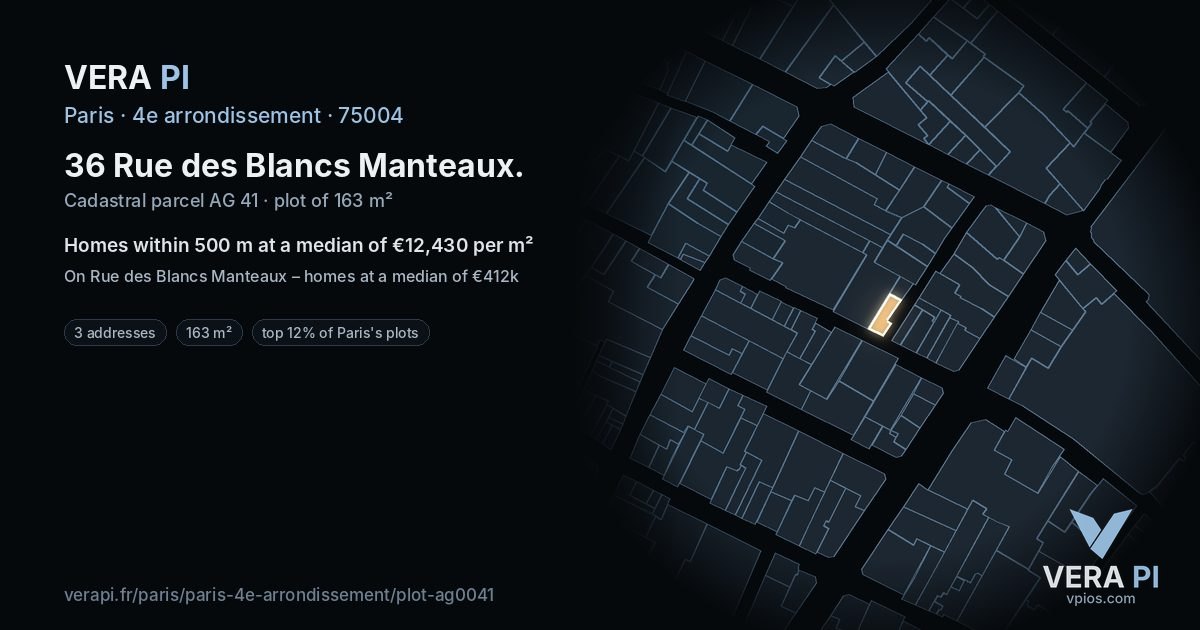 36 Rue des Blancs Manteaux, 4e arrondissement at night – the plot lit, the parcels around coloured by the prices near them