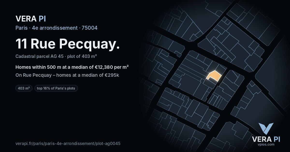 11 Rue Pecquay, 4e arrondissement at night – the plot lit, the parcels around coloured by the prices near them