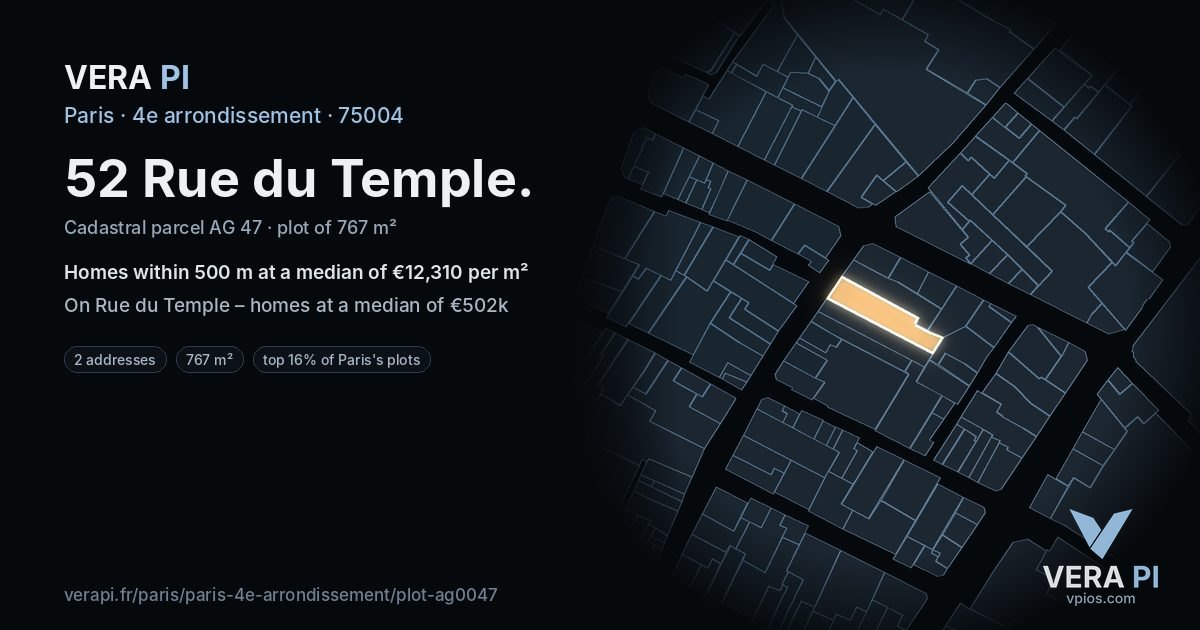 52 Rue du Temple, 4e arrondissement at night – the plot lit, the parcels around coloured by the prices near them