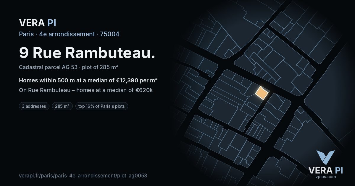 9 Rue Rambuteau, 4e arrondissement at night – the plot lit, the parcels around coloured by the prices near them